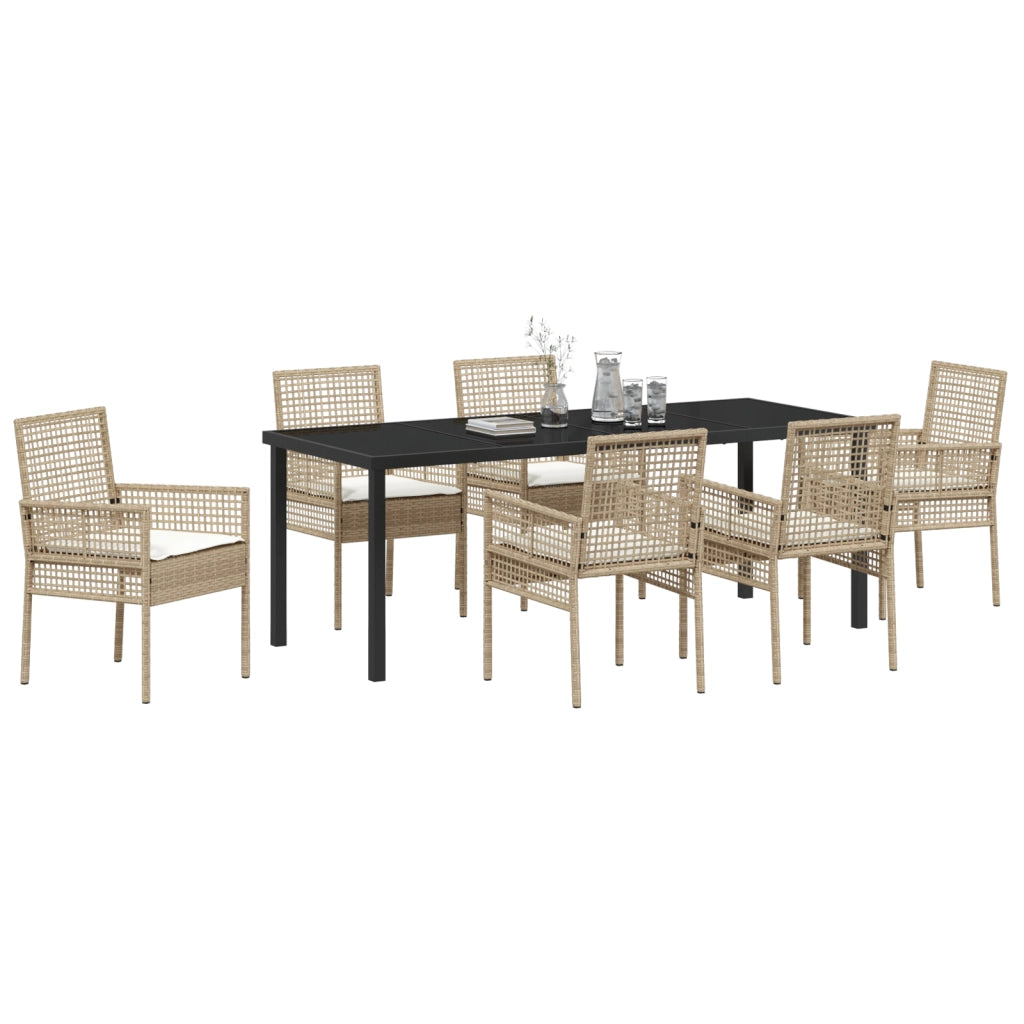 Set da Pranzo Giardino 7 Pezzi con Cuscini Beige Poly Rattan