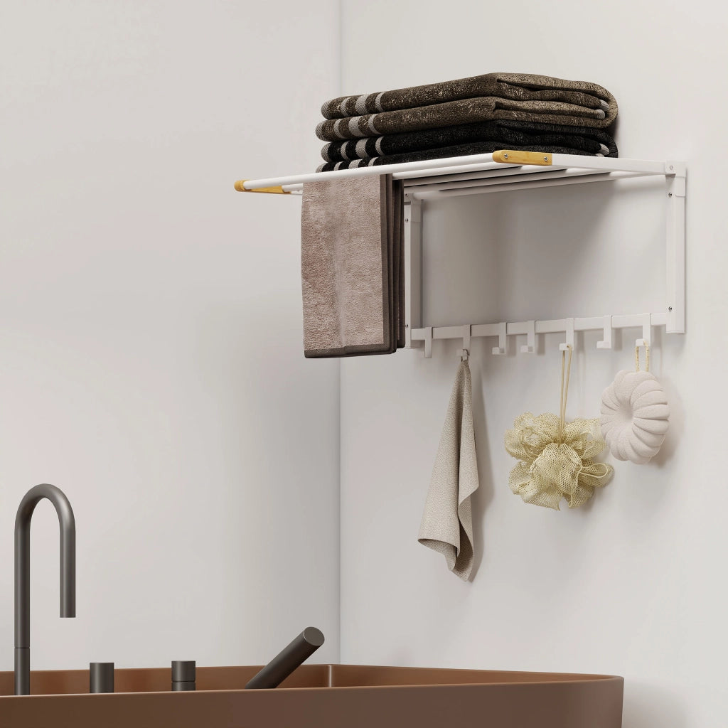 Portasciugamani a Parete Pieghevole 60x32,5x20 cm con 5 Barre e 6 Ganci in Legno e Acciaio Bianco