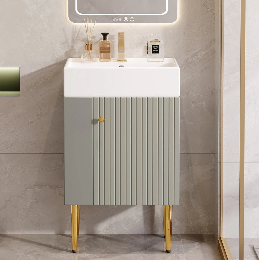 Mobile bagno freestanding ULEVR con lavabo integrato, vano contenitore e ripiani laterali, grigio e bianco