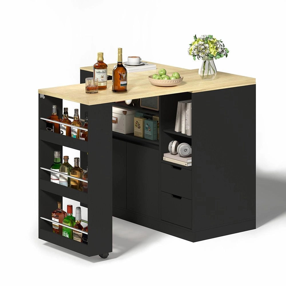 Isola cucina con piano scorrevole - Xylo - 115 cm - 3 lati ripiani, 2 cassetti, bar caff¨¨