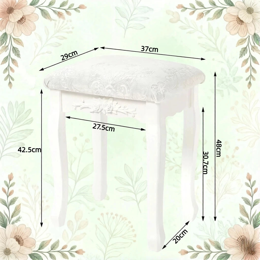 Sgabello da trucco Vintage con seduta imbottita e piedini antiscivolo in MDF, Bianco crema