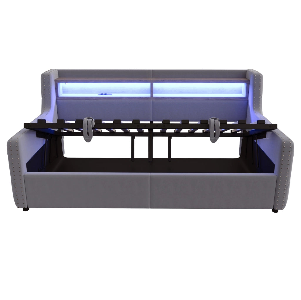 Divano letto imbottito 90x200 cm con contenitore; LED; mensola; presa USB e Type-C; velluto grigio