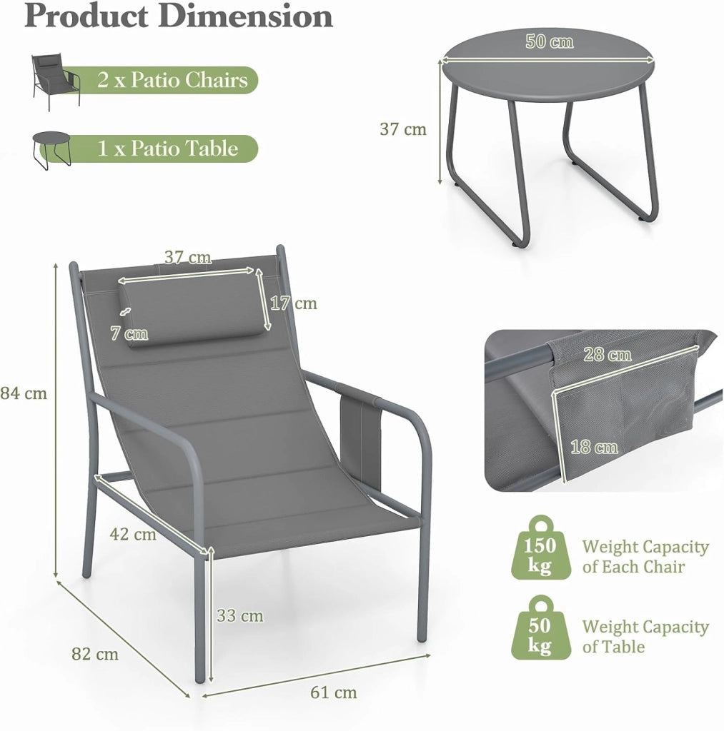 Set di 3 mobili da balcone con 2 sedie da giardino e tavolino, set di mobili da giardino in ferro e tessuto, set da giardino per balcone e terrazza