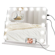 Specchio da Tavolo in Vetro con 14 Luci LED Regolabili e Ricarica USB 62,5x14x49,5 cm  per Trucco Make up Bianco
