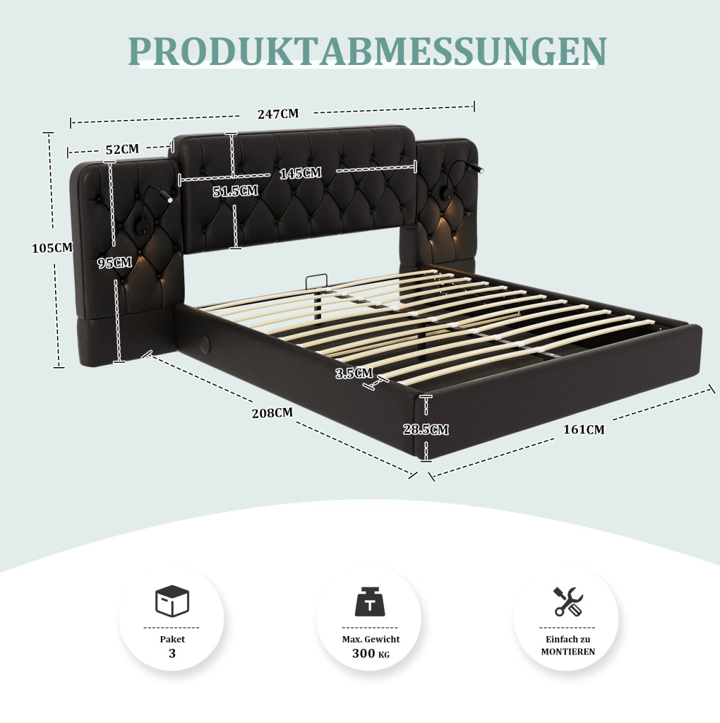Letto 160x200 cm con testiera allungata; luci da lettura; USB e contenitore in PU nero