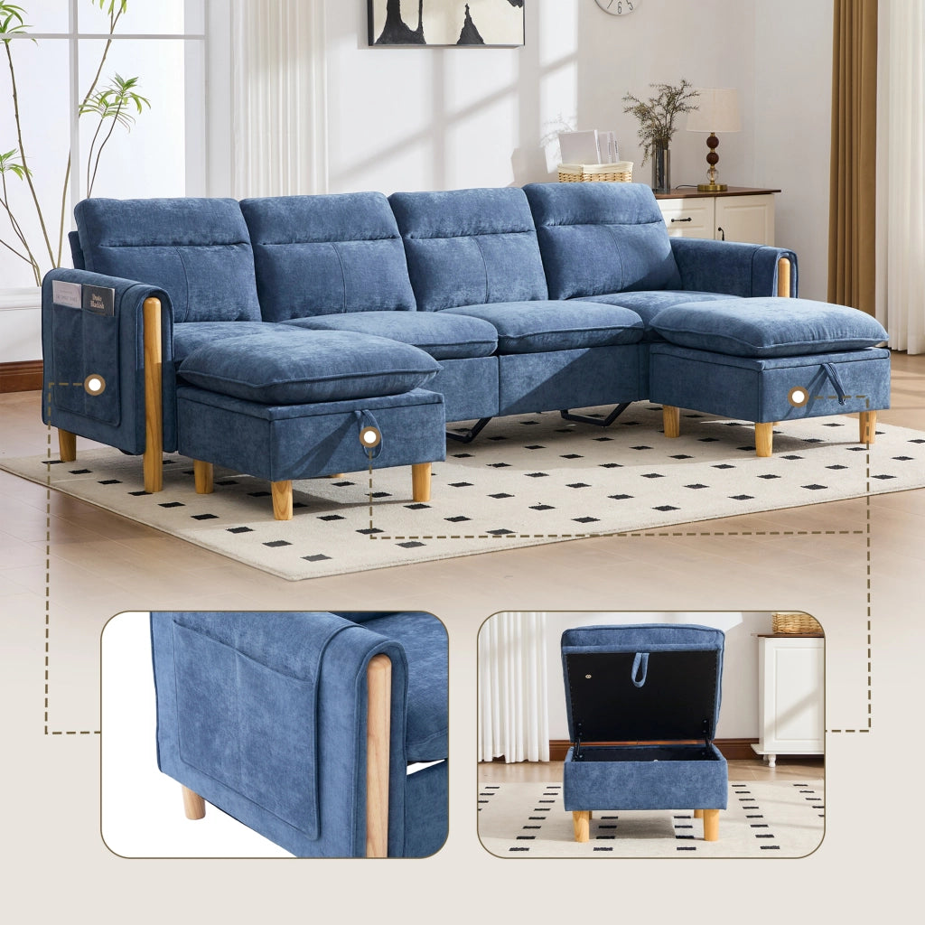 Divano angolare modulare a U 4 posti con contenitore e braccioli, in Chenille Blu