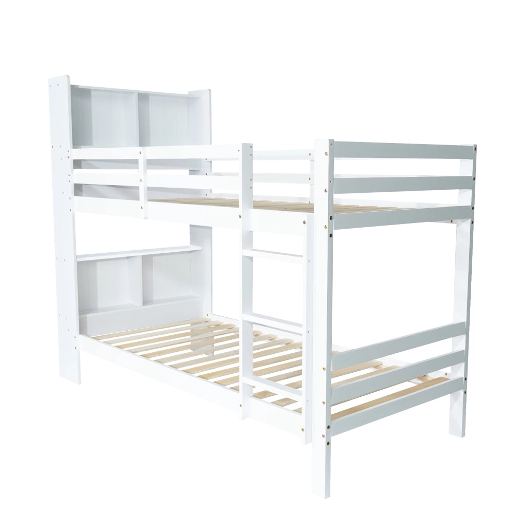 Letto a castello con ripiani e scala dritta a 3 gradini; bianco; 90x200 cm