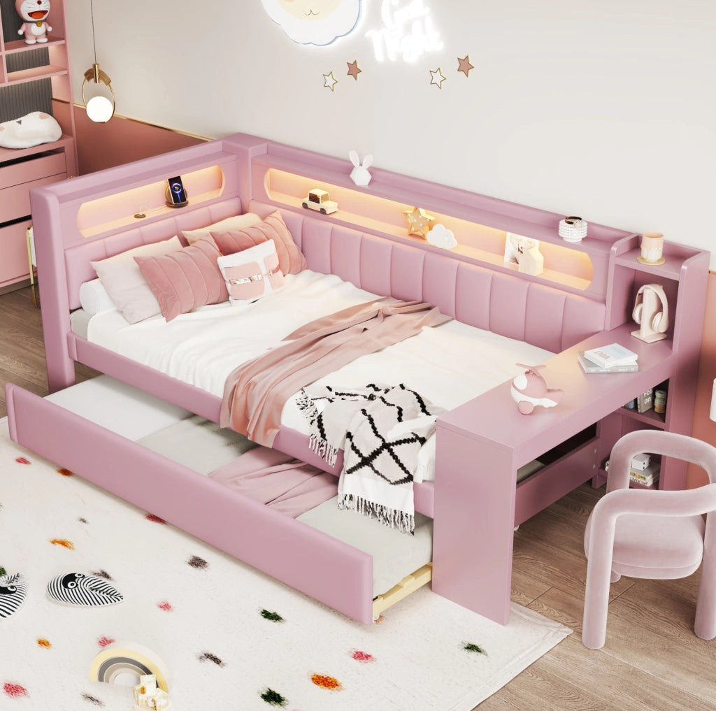 Letto imbottito 90x200 con LED, USB, letto estraibile e scrivania rosa