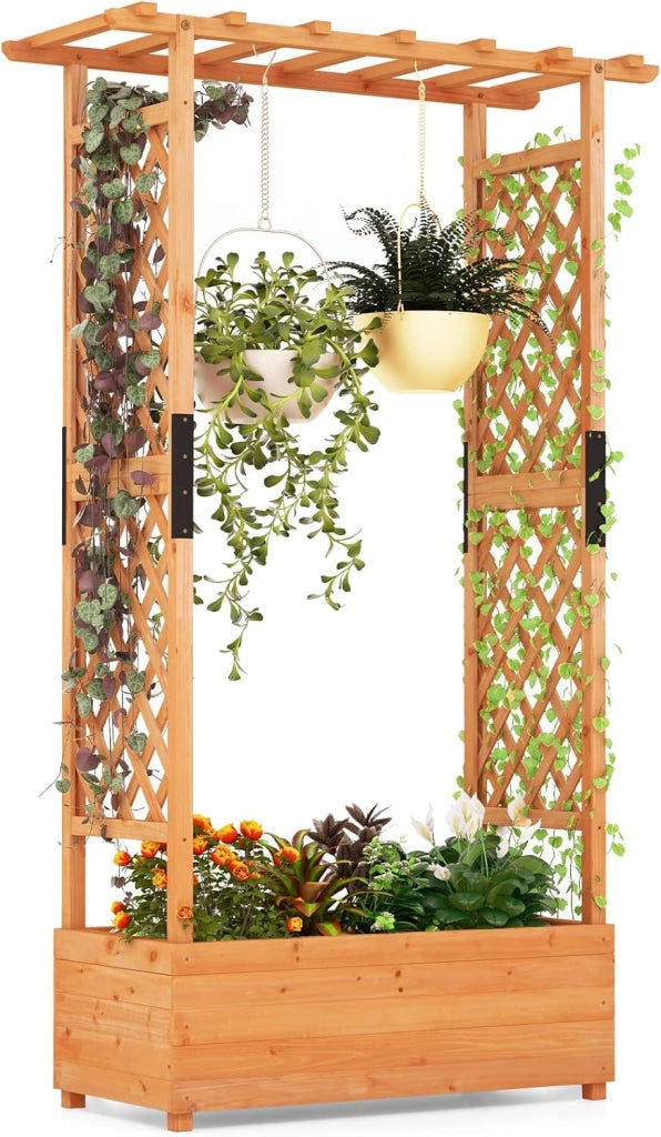 Aiuola Rialzata con Traliccio, Pergolato e Fori di Drenaggio, Fioriera Elevata da Esterno in Legno per Piante Rampicanti, Vite e Fiore,110 x 44 x 182 cm (Arancione)