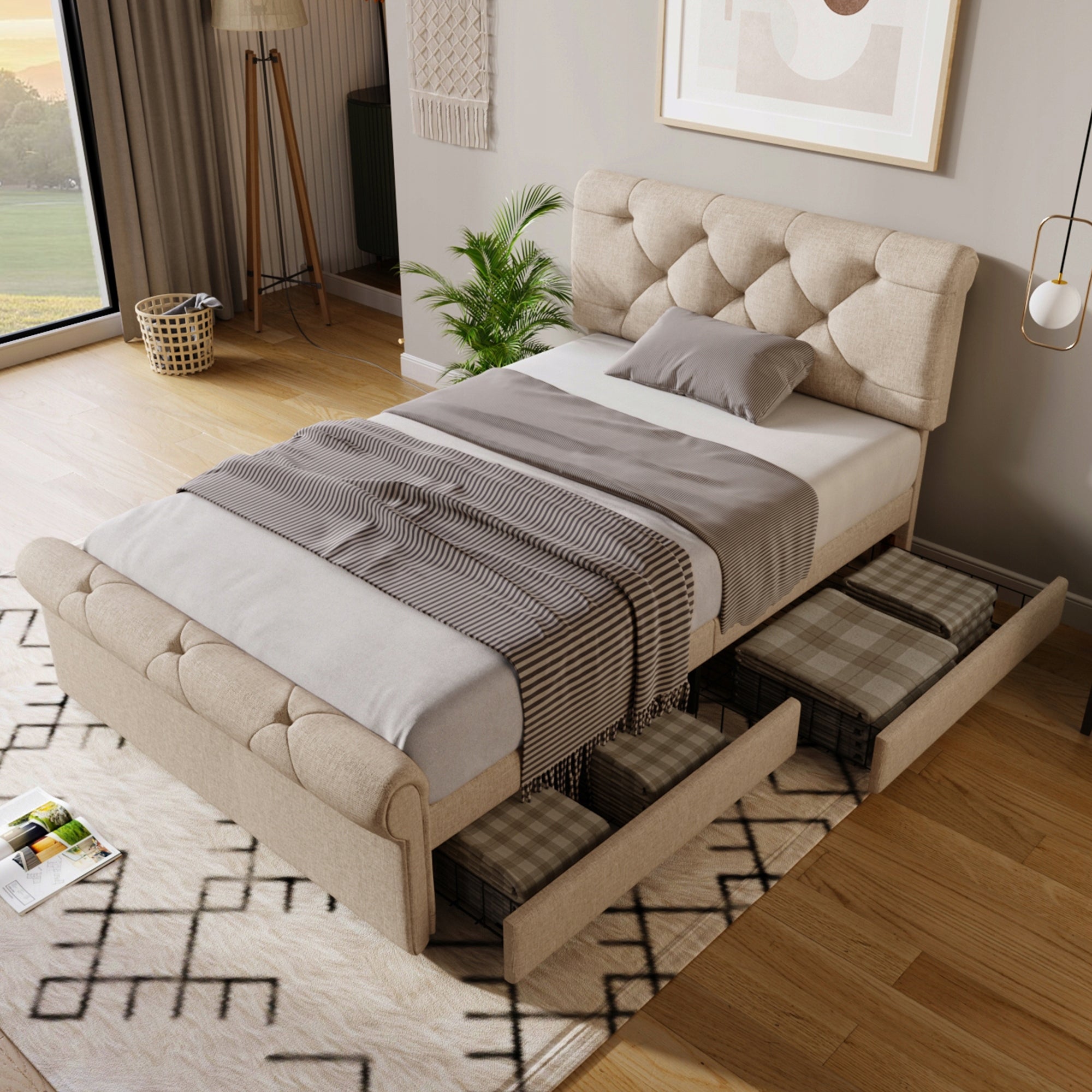 Letto a una piazza e mezza con 2 cassetti - Xylo - 90x200 - Chesterfield in tessuto naturale