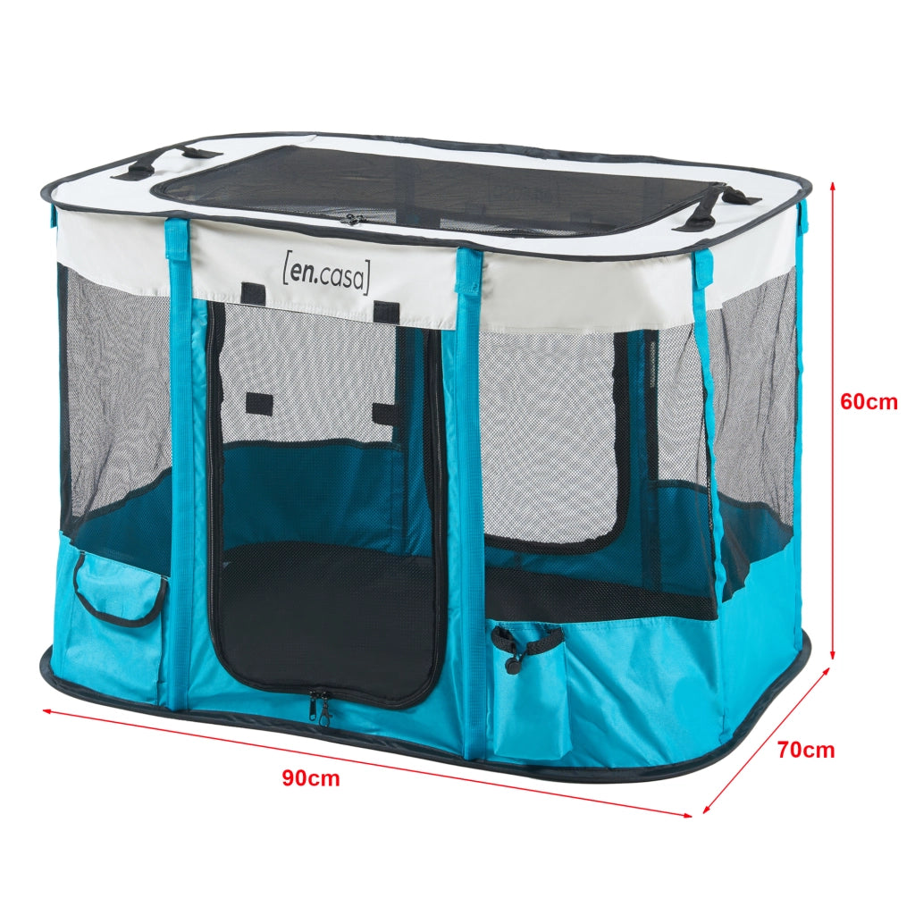 Kennel Pieghevole Mörbylånga Rifugio Portatile per Cani e Gatti 90 x 70 x 60 cm Blu / Beige [en.casa]