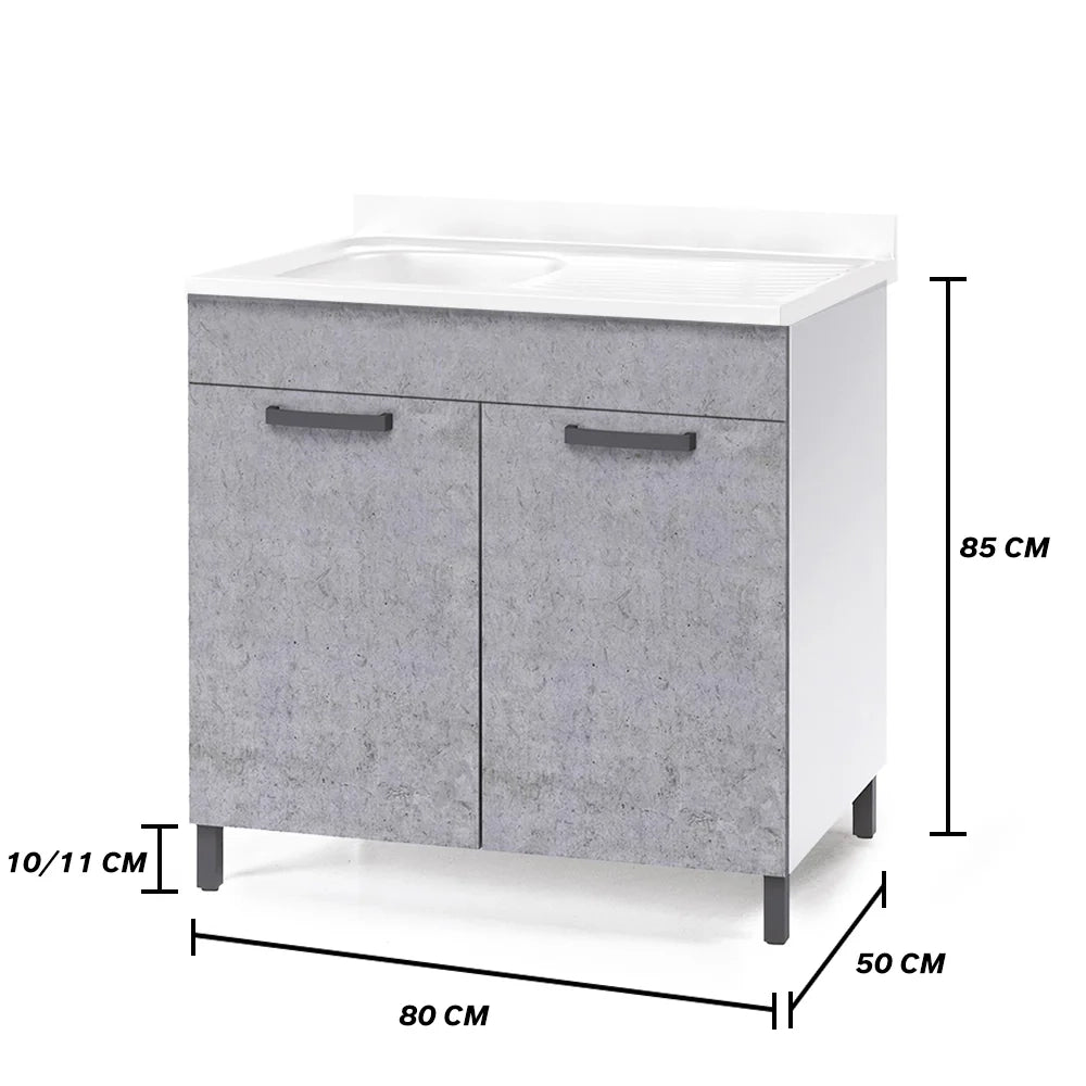 Sottolavello per cucina componibile da 80 cm con due ante, Lavello con vasca a Sinistra + Gocciolatoio, realizzato in legno 100% MADE IN ITALY colore Cemento