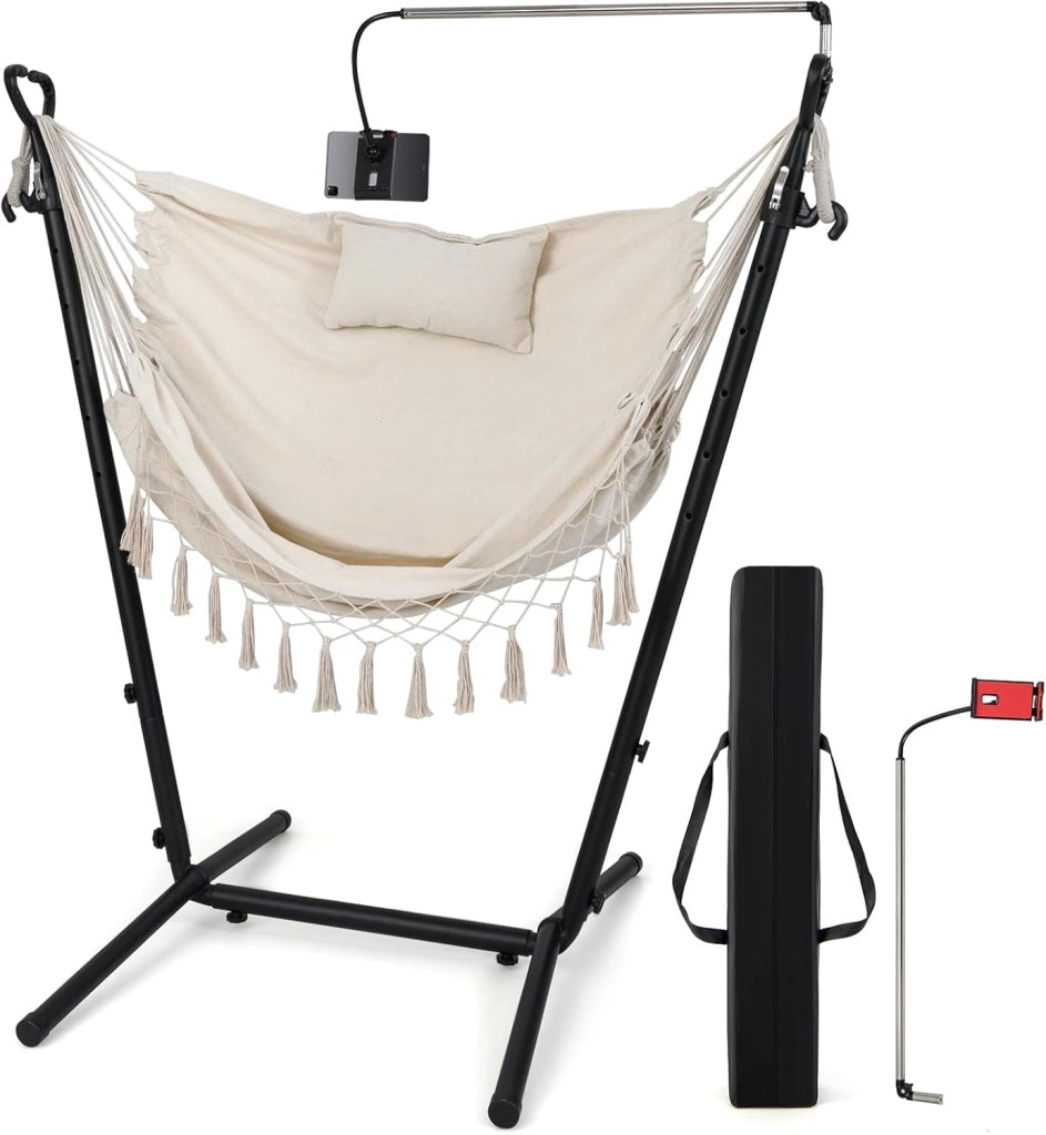 Sedia Amaca Sospesa con Supporto, Sedia Sospesa Regolabile in Altezza 6 Livelli, Supporto Porta Cellulare, Tasca Laterale, Cuscino, Portata 250 kg (Beige)