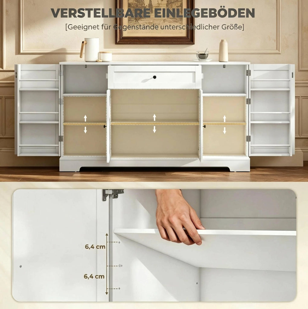 Buffet bianco 140 cm con 4 ante, cassetto e ripiani regolabili in MDF e truciolato
