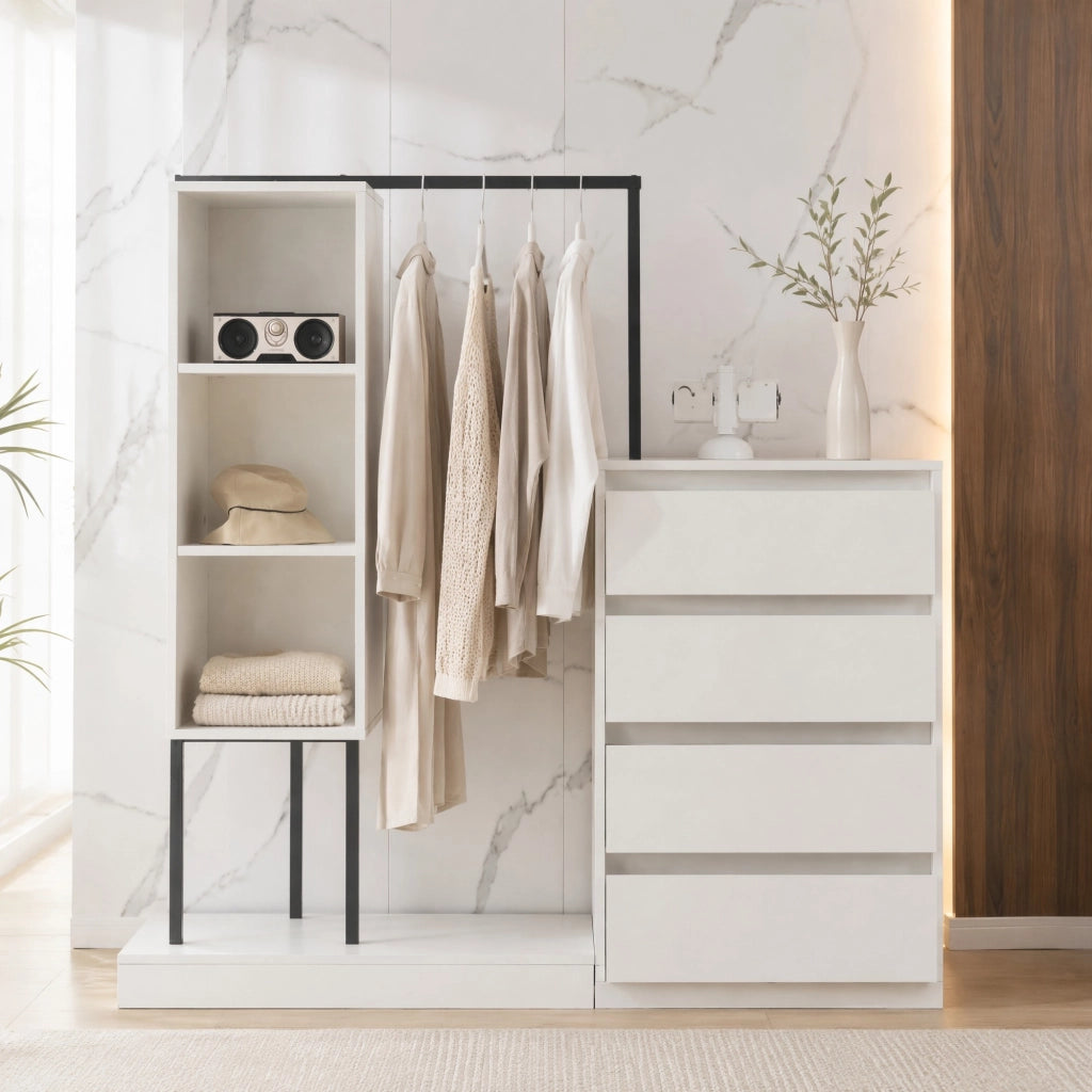 Armadio contenitore bianco con 4 cassetti e vani aperti, 140×40×135 cm