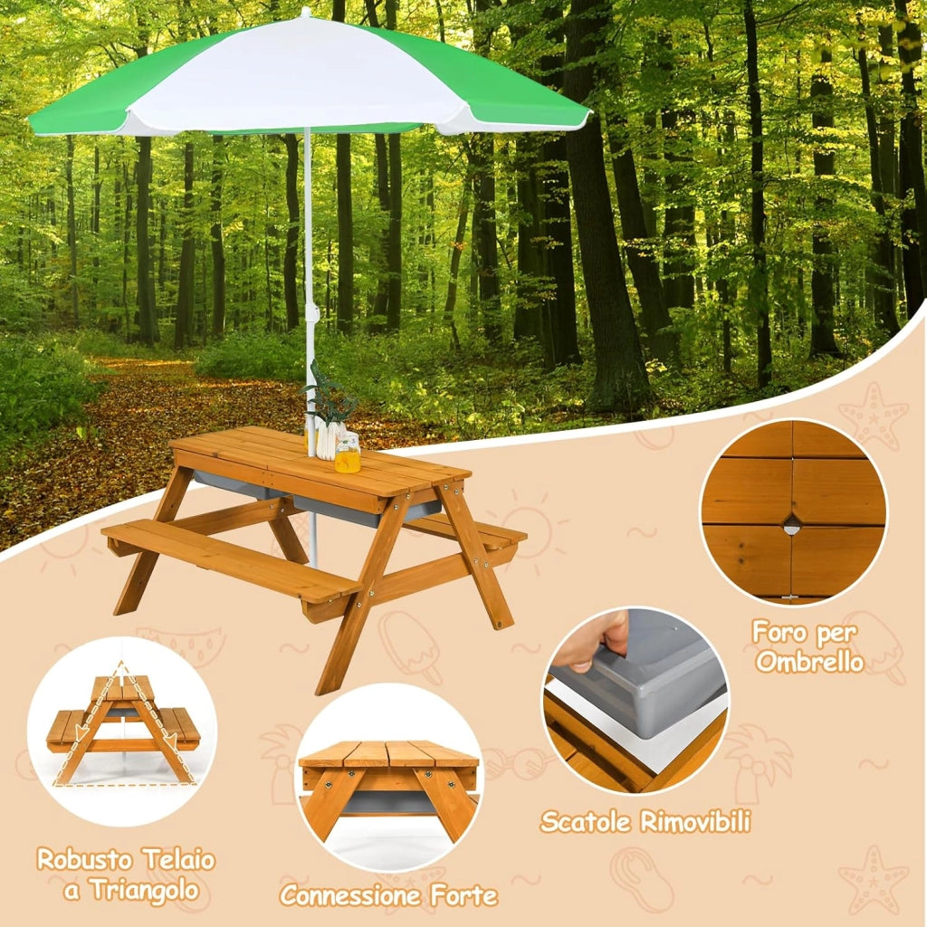 Set Tavolo Picnic Bambini 3 in1 con Ombrellone Rimovibile e Regolabile, Tavolino con Piano Rimovibile, Tavolo con Panche in Legno per Bambini da Interno Esterno (bianco+verde)