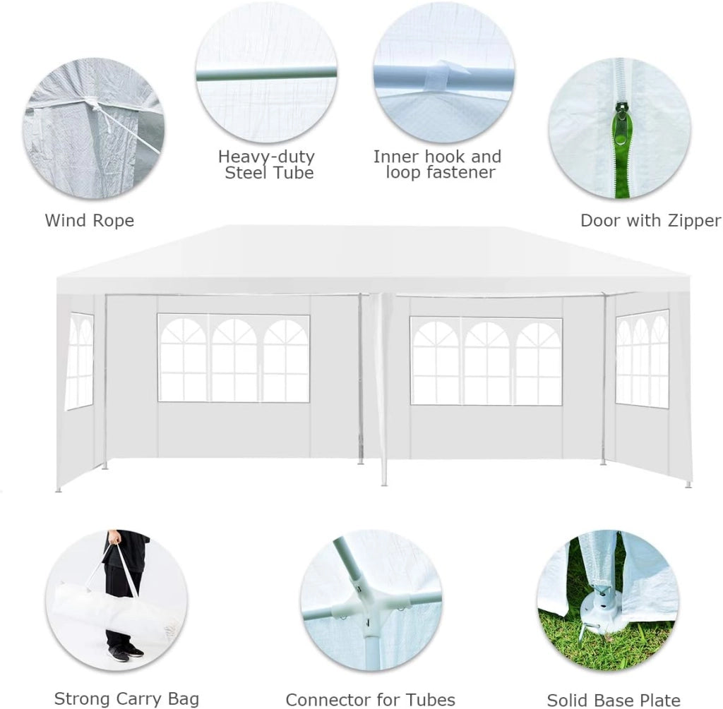 Gazebo da Giardino, 3 x 6 m, con 4 Pareti Laterali Rimovibili, Portatile, con Borsa per il Trasporto, Gazebo e Tenda da Giardino, per Feste, Matrimoni, Bianco