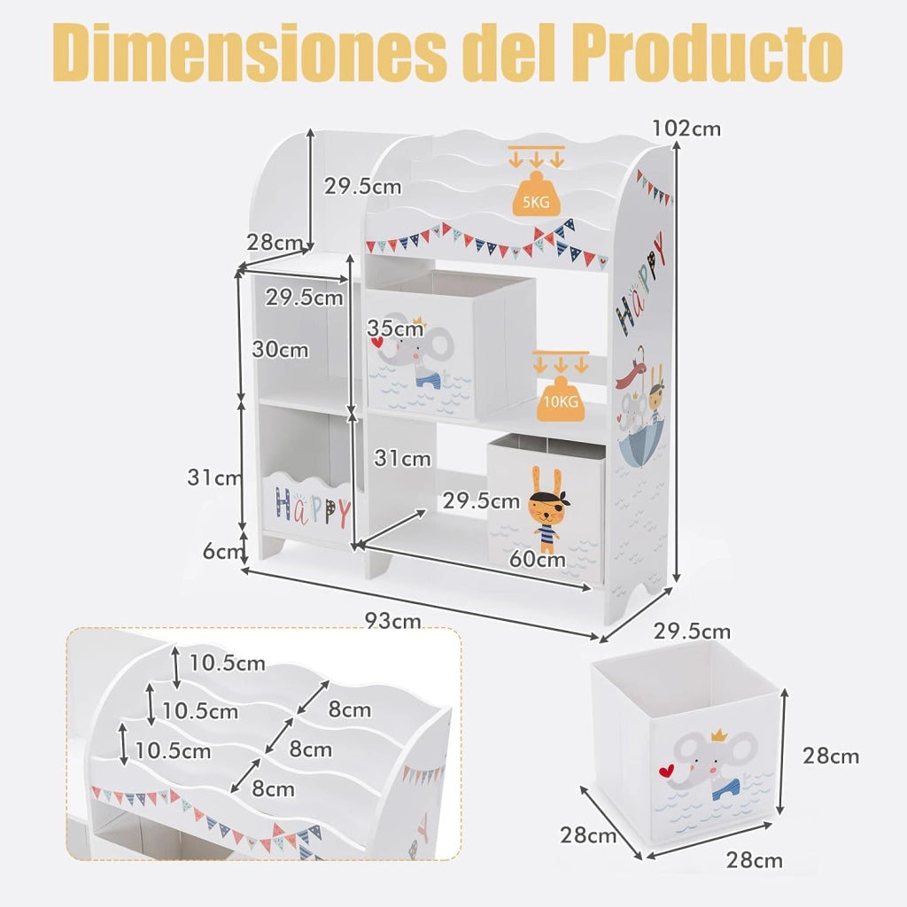 Scaffale per bambini, organizer per giocattoli con 2 scatole e 5 scomparti e 2 ripiani aperti, scaffale per giocattoli, libreria, scaffale bianco, cameretta dei bambini, camera da letto (pirati