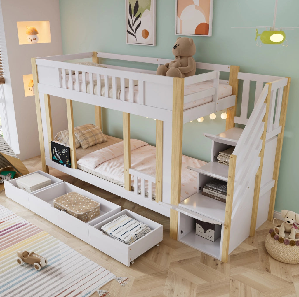 Letto a castello per bambini 90x200 cm con scala contenitore e 3 cassetti