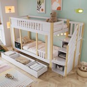 Letto a castello per bambini 90x200 cm con scala contenitore e 3 cassetti