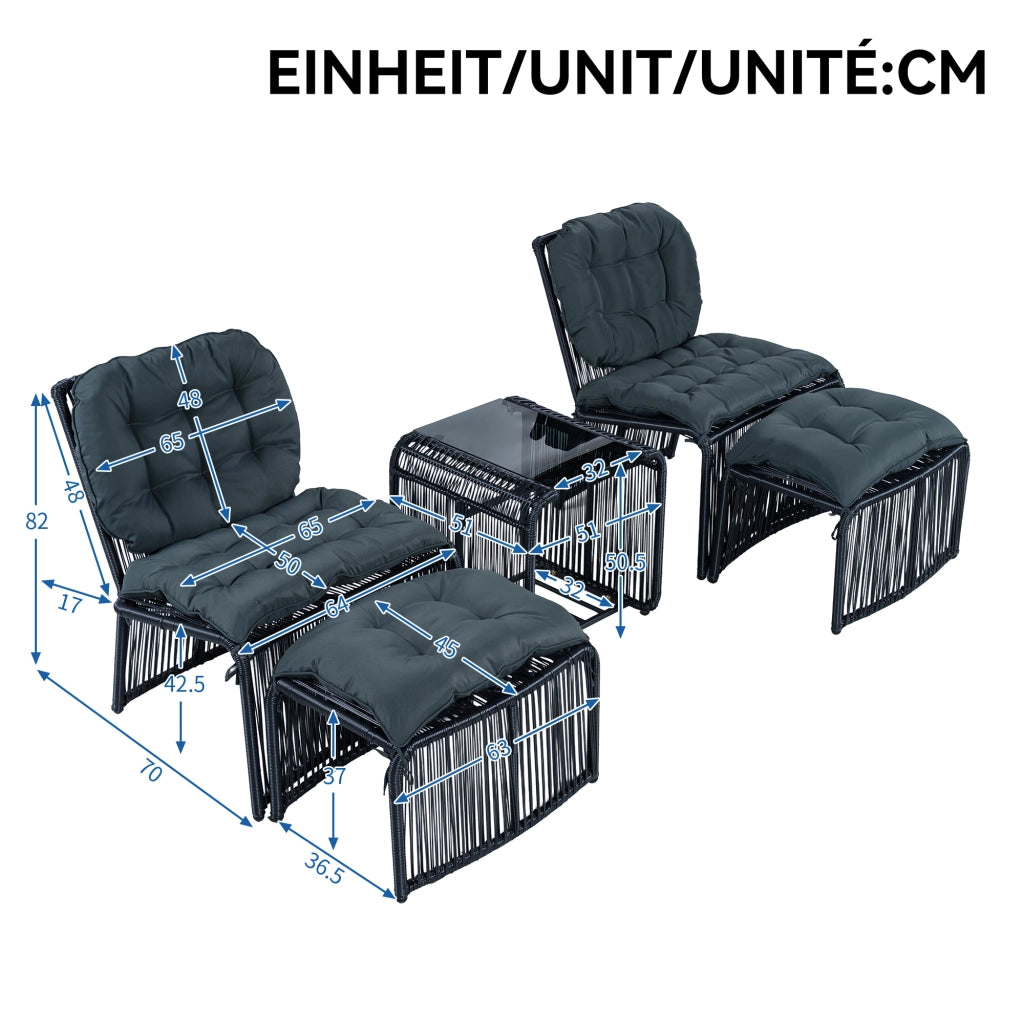 Set Giardino 5 Pezzi con Tavolo, Sedie e Sgabelli ¨C MINIMAL ¨C Polyrattan PE, Cuscini, Piano in Vetro
