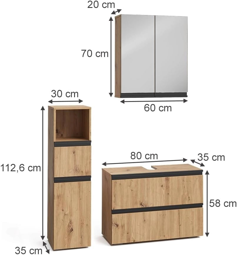 Set di mobili da bagno Torren, Artigiano, 80 cm, composto da mobile sottolavabo, specchiera e mobile medio