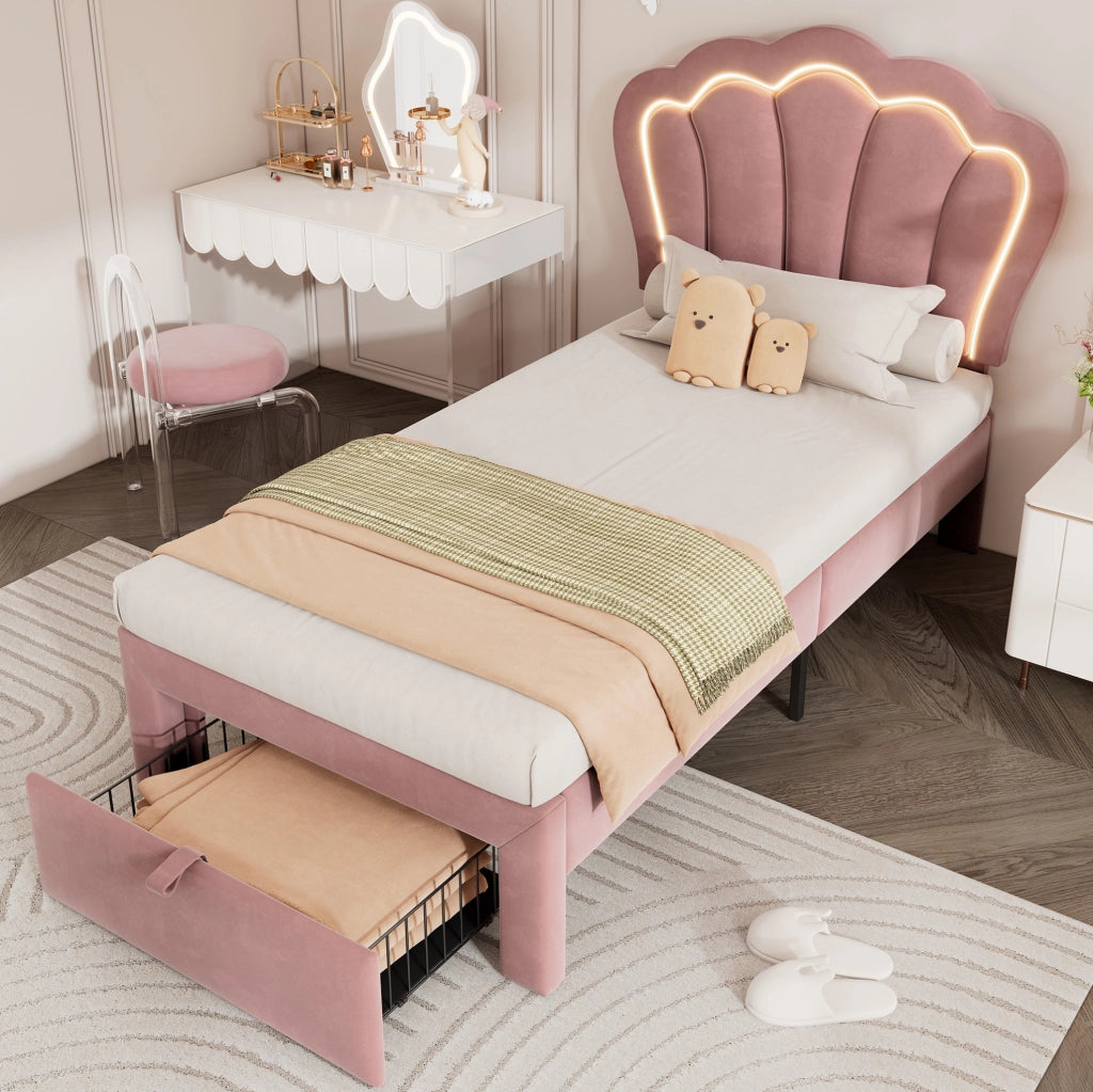 Letto singolo 90x190 cm rosa con LED RGB e cassetto estraibile