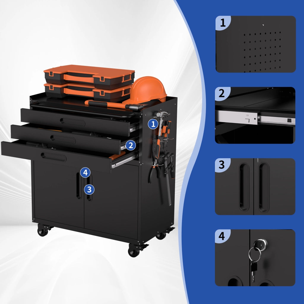 Mobile contenitore da officina con 3 cassetti e 2 ante chiudibili; ripiano regolabile e ruote 75×42×87.3 cm