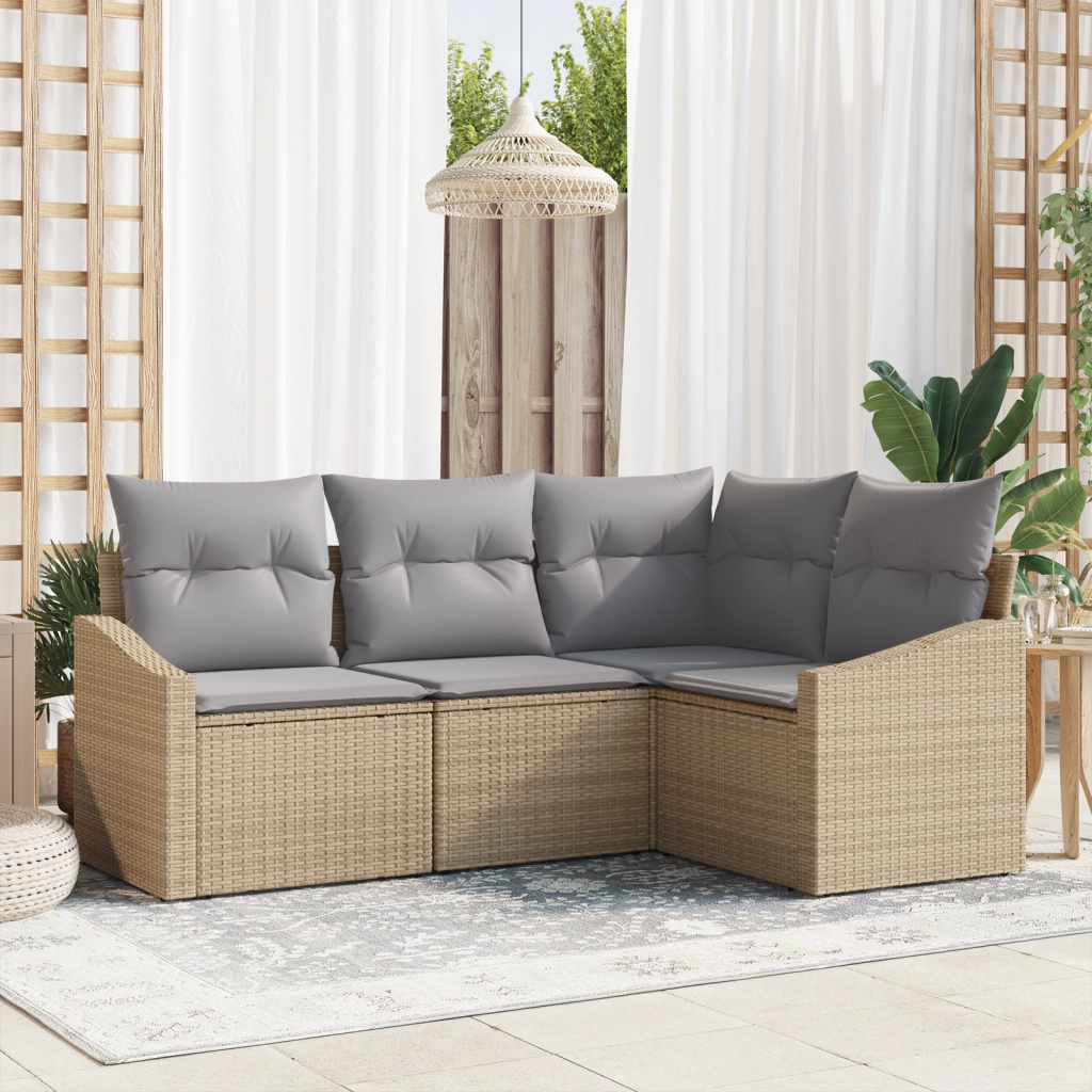 Set da Pranzo Giardino 4 Pezzi con Cuscini Beige in Rattan Sintetico
