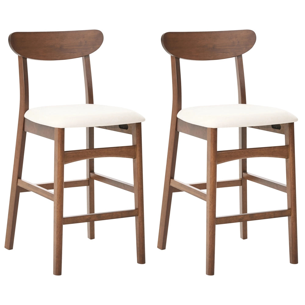 Set di 2 sedie da bar in legno di gomma marrone e beige chiaro, struttura in legno di gomma, seduta in tessuto, senza braccioli, design retrò