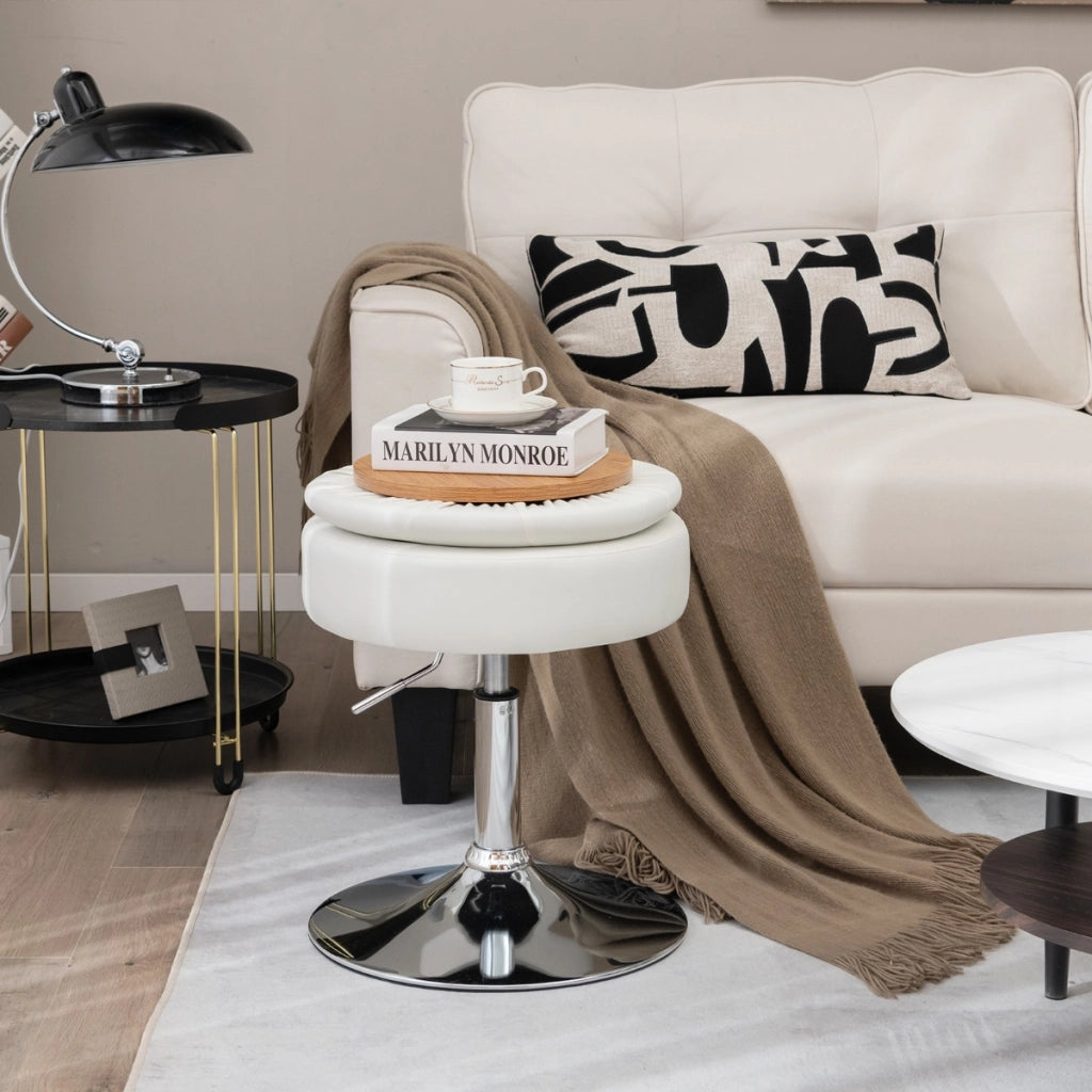 Sgabello girevole a 360¡ã per vanit¨¤ con portaoggetti, Sedia in pelle PU regolabile in altezza da 51-66cm Bianco-Sgabelli