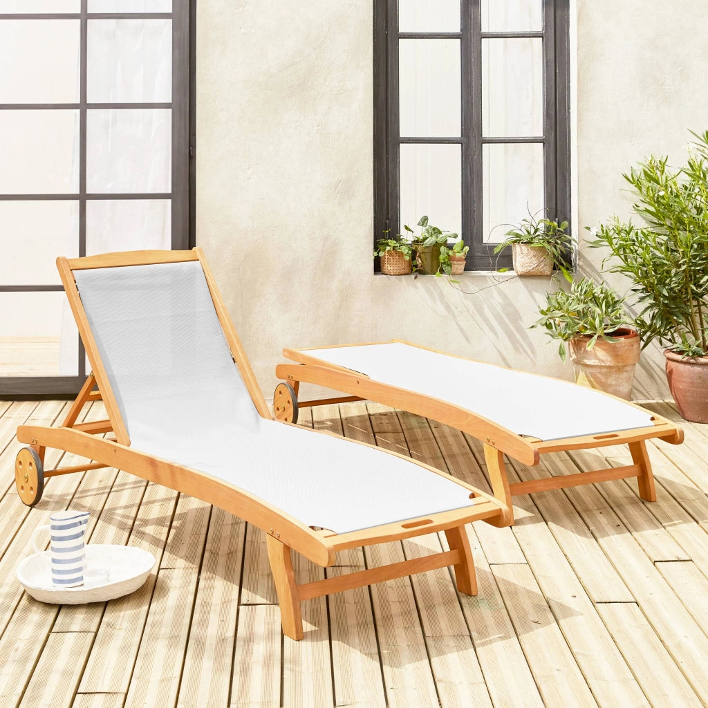 Set 2 lettini prendisole in legno multiposizione con ruote, bianco