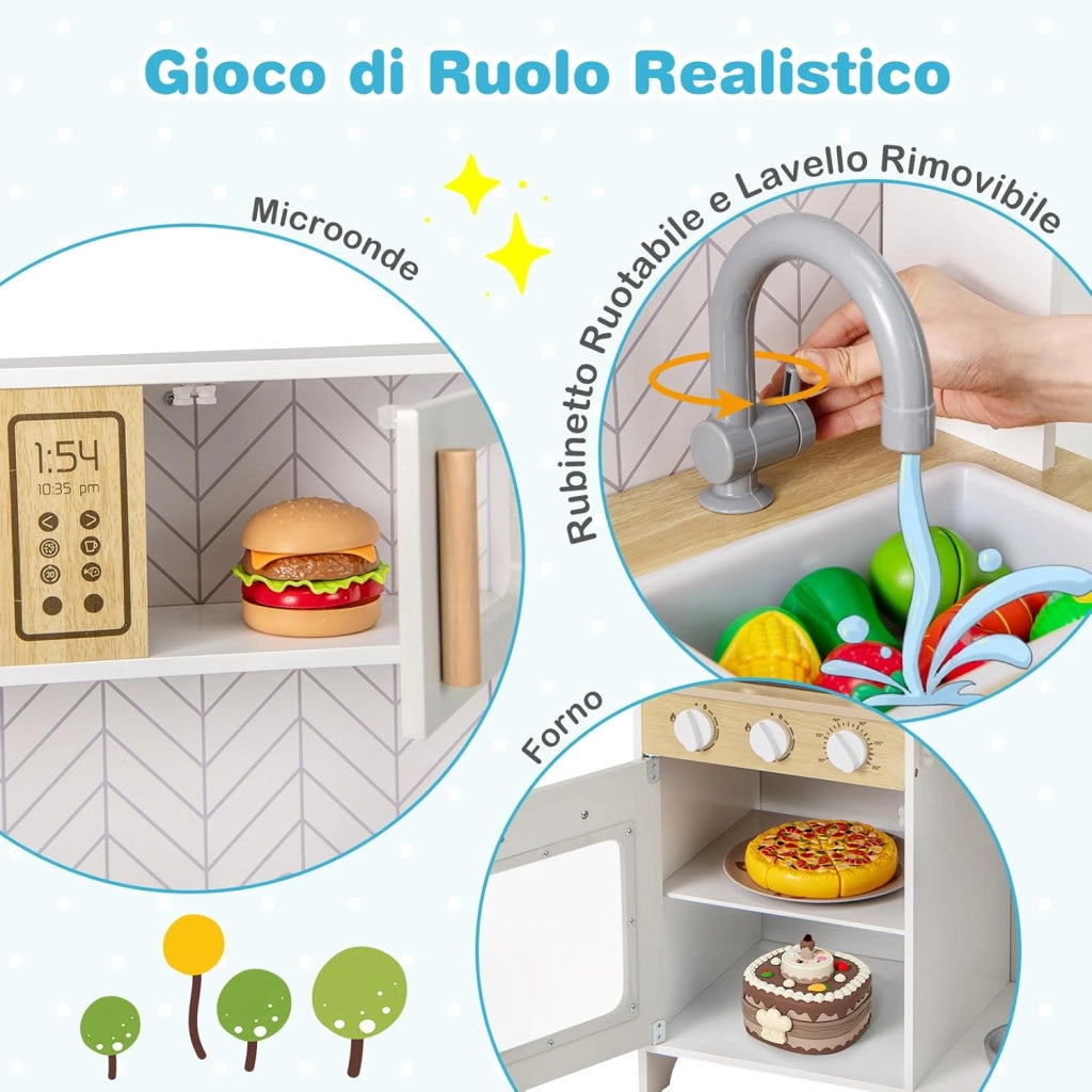 Cucina Giocattolo con Fornelli a Suoni e Luci Reali, Cucina per Bambini in Legno con Lavandelo Estrabile, Microonde e Forno, Set Cucina con Accessori, per 3+ Anni, 60 x 30 x 85 cm (Bianco)