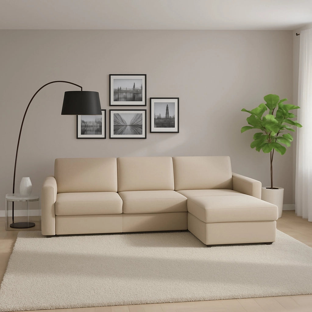 Divano fisso Atos, Divano ad angolo, Made in Italy, SofÒ  Soggiorno, con Penisola contenitore reversibile, in tessuto imbottito, con Braccioli standard, cm 280x95h90, Beige