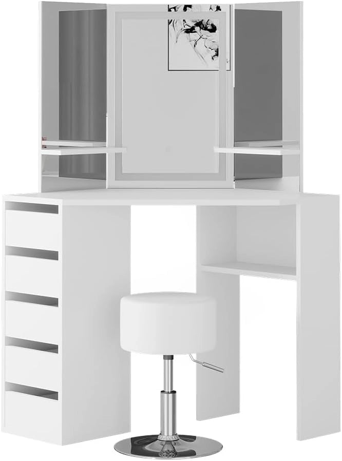 Vicco Tavolo da trucco ad angolo Arielle, Bianco, 110 cm con specchio e sgabello a LED, Fa risparmiare spazio e sfrutta in modo ottimale gli angoli della stanza