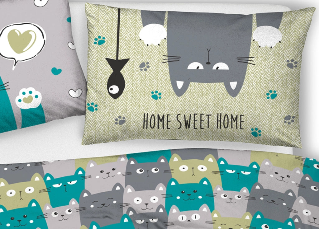 Copripiumino Sacco Piumone Pensieri Delicati Cotone Disegno Happy Cat - Matrimoniale - Verde