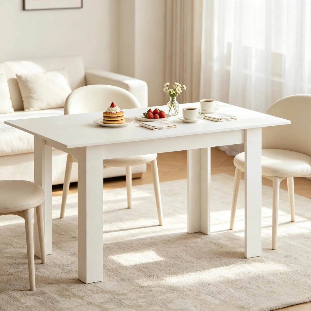 Tavolo da pranzo allungabile per 6-8 persone con piano in MDF e guide in acciaio, per cucina e sala da pranzo, bianco
