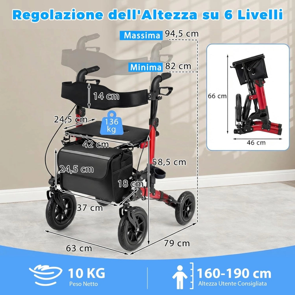 Deambulatore a Rotelle per Anziani, 2 in 1 Deambulatore Pieghevole con Seduta, Ammortizzatore, Schienale in Rete, Sospensione a Molla, 4 Ruote, Portacanne e Borsa Portaoggetti (Rosso)