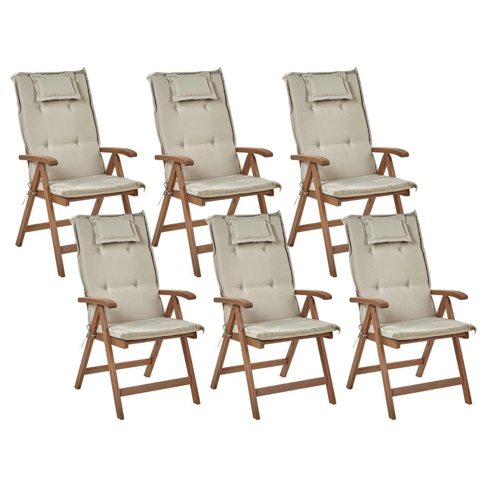 Set di 6 sedie da giardino in legno di acacia scuro naturale regolabili e pieghevoli per esterni con braccioli in stile rustico con cuscini grigio talpa