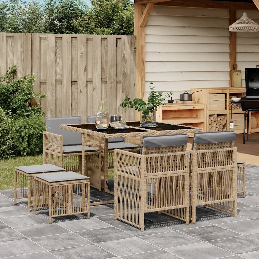 Set Pranzo da Giardino 9 pz | Set Salotto da Giardino con Cuscini Beige Misto Polyrattan