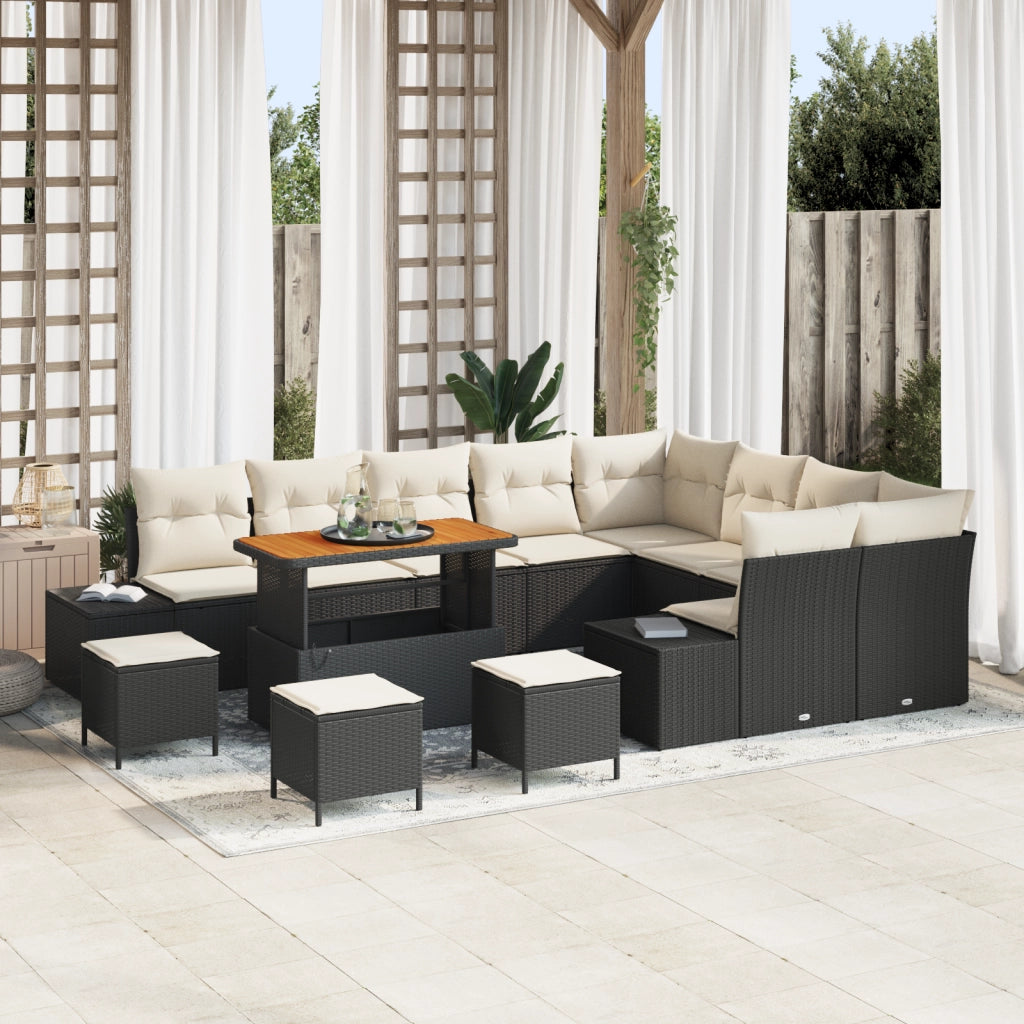 Set Divano Giardino  13 Pezzi con Cuscini Nero Polyrattan Acacia