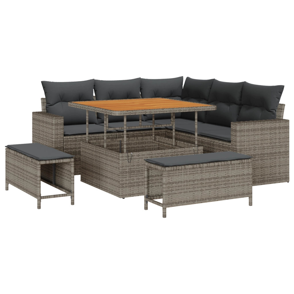 Set Divano da Giardino 8 Pezzi con Cuscini Grigio Polyrattan Acacia