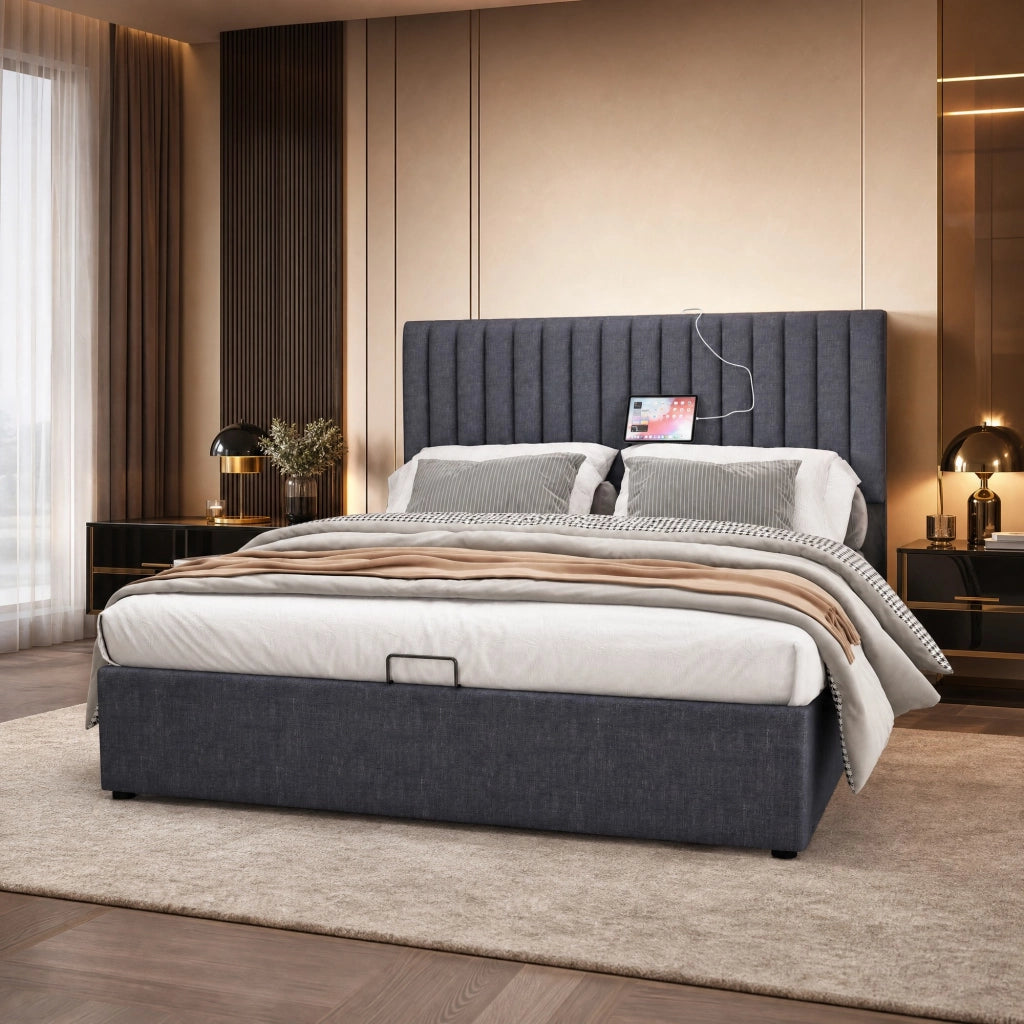 LETTO imbottito con materasso incluso, LED App-Control, USB Type-C, 160x200 cm, grigio