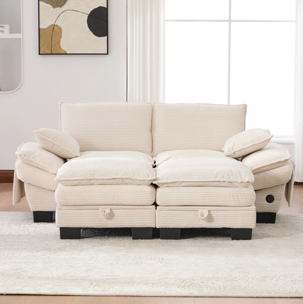 Divano modulare 2 posti in velluto a coste con 2 pouf; USB-C; 190x132x84 cm; beige