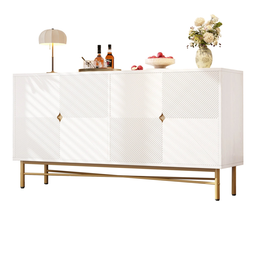 Credenza Bianca con 4 Porte, Superficie Testurizzata e Maniglie Dorate Spazzolate, 160×40×82 cm