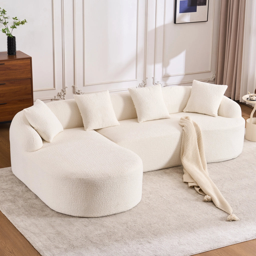Divano angolare curvo modulare con seduta confortevole e montaggio senza attrezzi in chenille bianco 243 × 150 × 67 cm