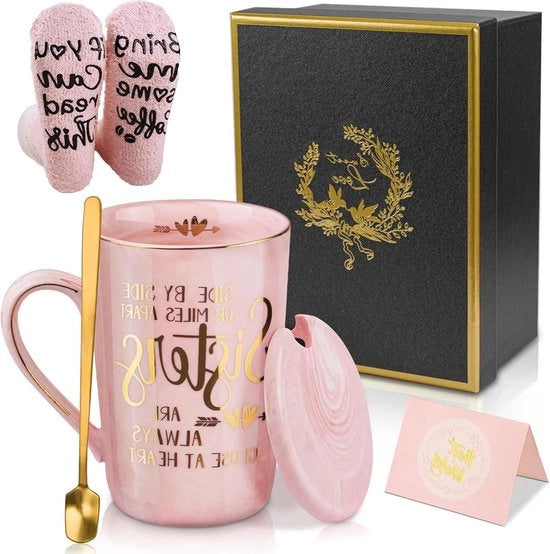 Regalo di Compleanno - Tazza Ceramica Personalizzata con Stampo d'Oro per la Migliore Sorella - 14 oz Tazza di Espresso con Pantofole Comiche e Cucchiaio per Lei Donna