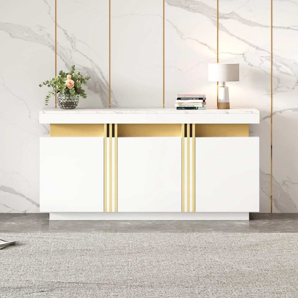 OKWISH Credenza con 3 Ante e 6 Scomparti, Ripiani Regolabili, per Soggiorno o Ingresso, Bianca, 140 x 38 x 70 cm