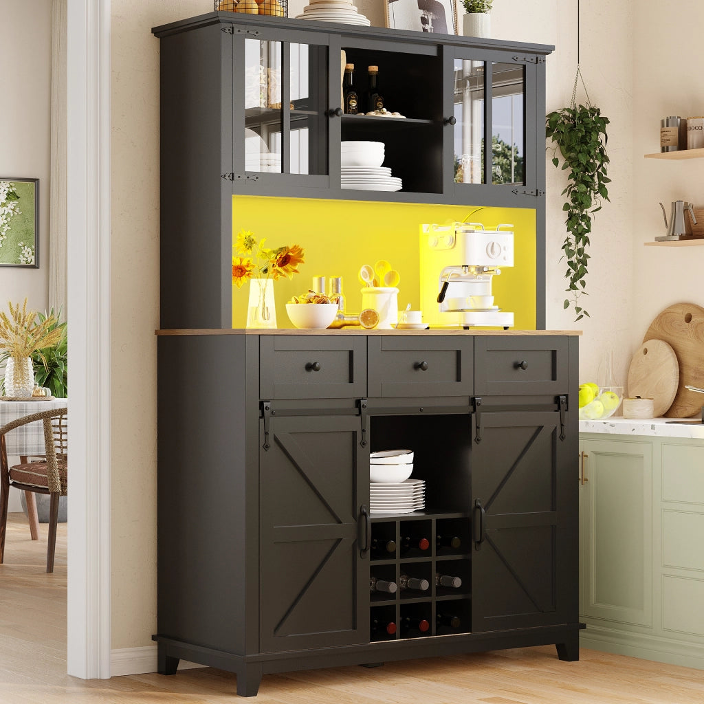 Credenza da Cucina Vetrina con 2 Ante Scorrevoli; 3 Ripiani Regolabili e LED per Cucina in MDF Nero 105x38;4x180 cm