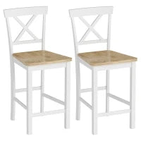 Set di 2 Sgabelli da Bar con Schienale e Poggiapiedi, Legno di Gomma, per Cucina, Sala da Pranzo, Bar, Rovere+Bianco